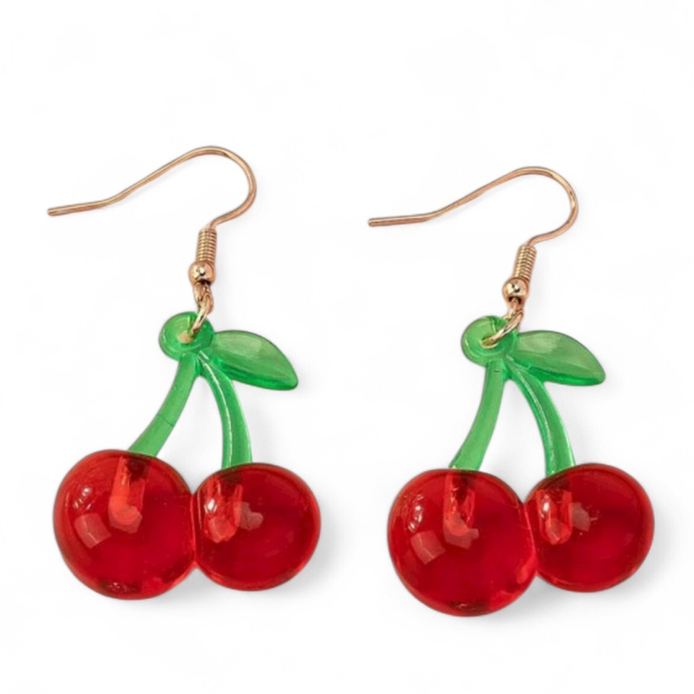 Playful Cherry Earrings with Green Leaves